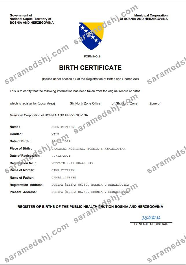 Bosnia and Herzegovina vital record birth certificate Word and PDF template